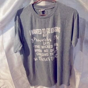 Gray sweatshirt phrase about jogging and Proverbs